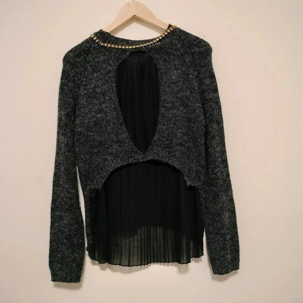 Karlie Size M/L Black Embellish Neckline Sheer pleated back Sweater